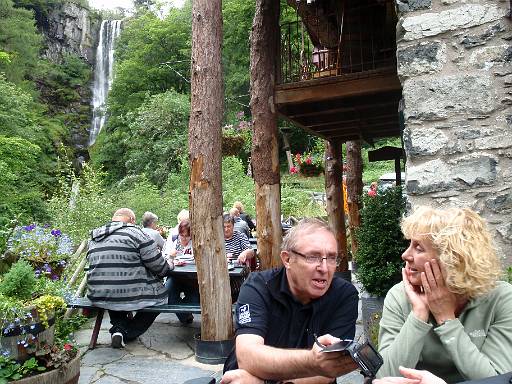 14_54-1.jpg - Clive and Chris at the tea room with Pistyll Rhaeadr behind